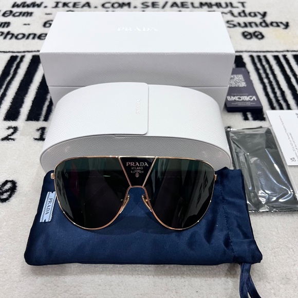Prada 0PR 69ZS Gold Frame Green Lenses Logo Shield Wrap Mask Runway Sunglasses - Picture 2 of 15